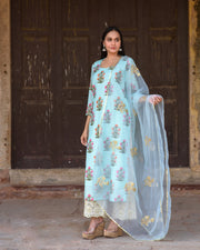 Upada Silk Mehnaaz Sky Kurta Set Chikan Pants With Organza Dupatta 3