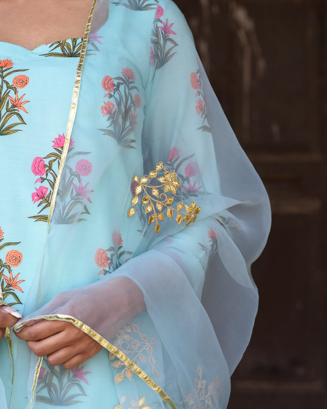 Upada Silk Mehnaaz Sky Kurta Set Chikan Pants With Organza Dupatta