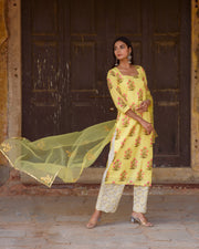 Upada Silk Mehnaaz Yellow Kurta Set Chikan Pants With Organza Dupatta 7