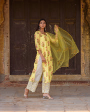 Upada Silk Mehnaaz Yellow Kurta Set Chikan Pants With Organza Dupatta 3