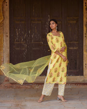 Upada Silk Mehnaaz Yellow Kurta Set Chikan Pants With Organza Dupatta 6