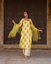 Upada Silk Mehnaaz Yellow Kurta Set Chikan Pants With Organza Dupatta 4