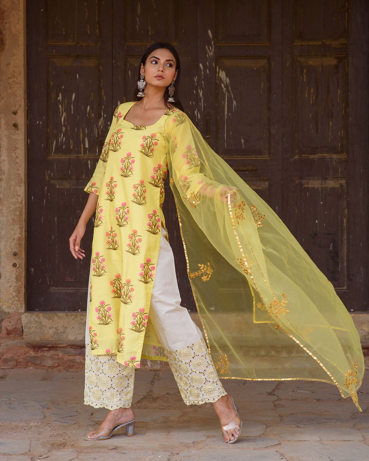 Upada Silk Mehnaaz Yellow Kurta Set Chikan Pants With Organza Dupatta