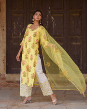 Upada Silk Mehnaaz Yellow Kurta Set Chikan Pants With Organza Dupatta 1