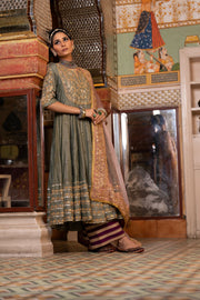 Chanderi Gota Patti And Zari Detailed Nahal Grey Anarkali Set With Organza Dupatta 1
