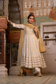 Cotton Printed Nahal White Anarkali Set With Organza Jacket And Dupatta 3