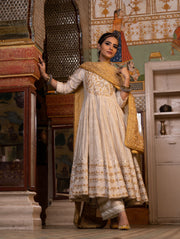 Cotton Printed Nahal White Anarkali Set With Organza Jacket And Dupatta 5