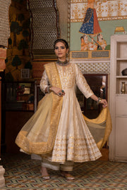 Cotton Printed Nahal White Anarkali Set With Organza Jacket And Dupatta 1