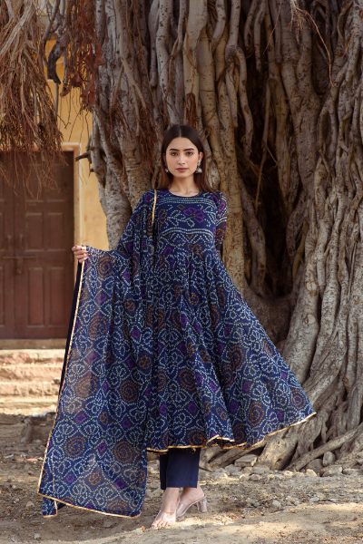 Georgette Bhandhani Naaz Blue Anarkali Set With Dupatta