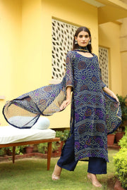 Georgette Bhandhani Naaz Blue Straight Kurta Set With Dupatta 1