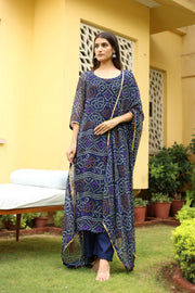 Georgette Bhandhani Naaz Blue Straight Kurta Set With Dupatta 4