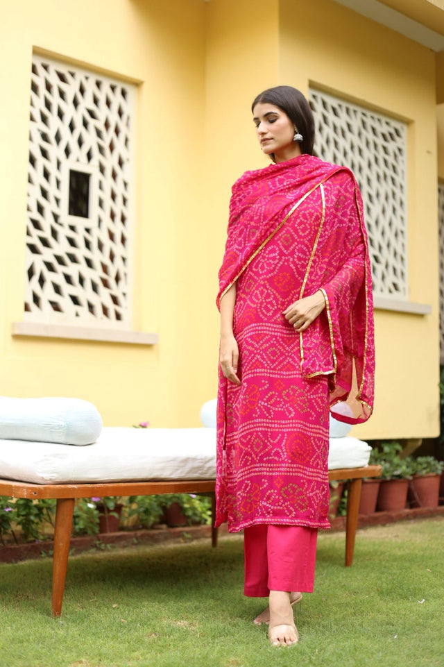 Georgette Bhandhani Naaz Pink Straight Kurta
