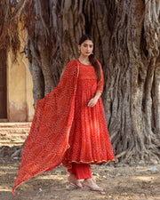 Georgette Bhandej Naaz Red Anarkali Set With Dupatta 5