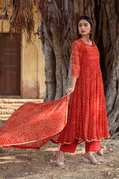 Georgette Bhandej Naaz Red Anarkali Set With Dupatta