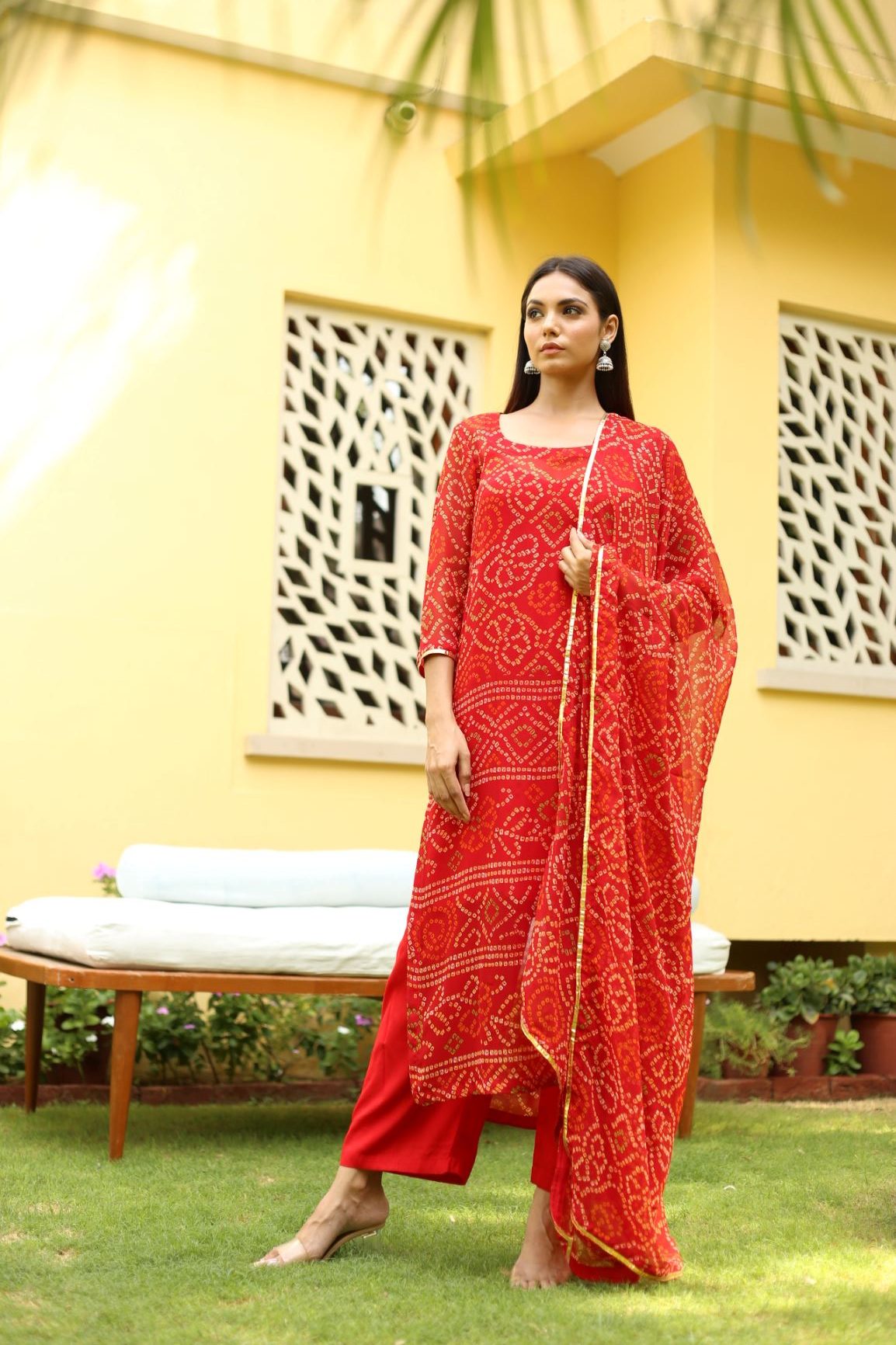 Georgette Bhandhani Naaz Red Straight Kurta Set With Dupatta
