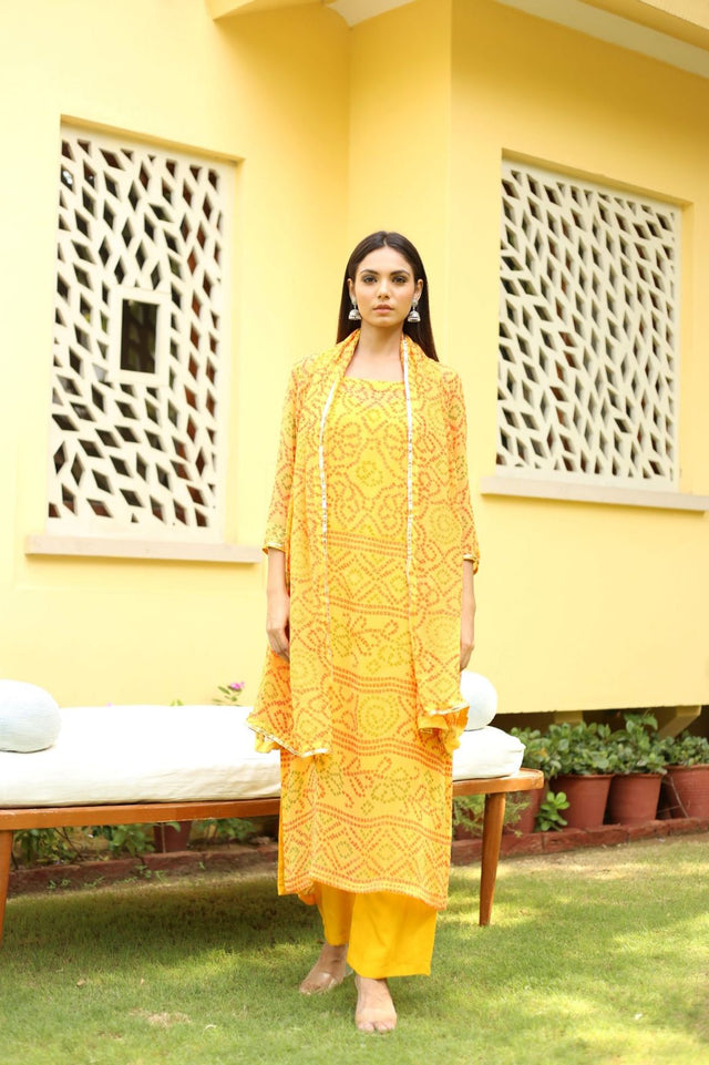 Georgette Bhandhani Naaz Yellow Straight Kurta