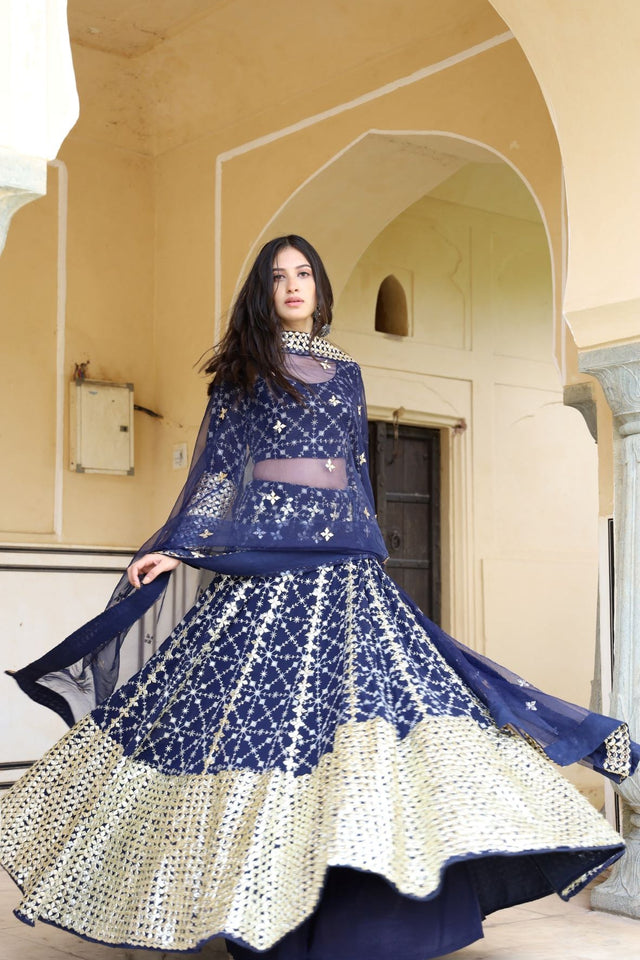 Georgette Nanda Blue Lehenga Set With Organza Dupatta