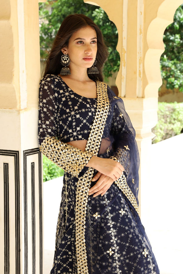 Georgette Nanda Blue Lehenga Set With Organza Dupatta