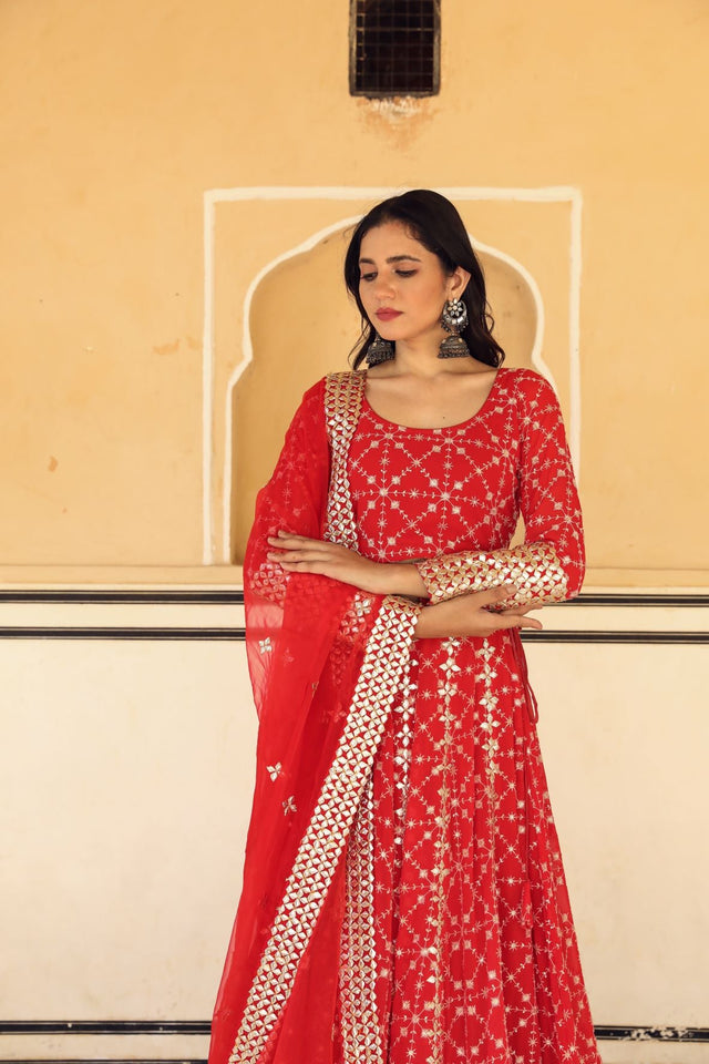 Georgette Nanda Red Lehenga Set With Organza Dupatta
