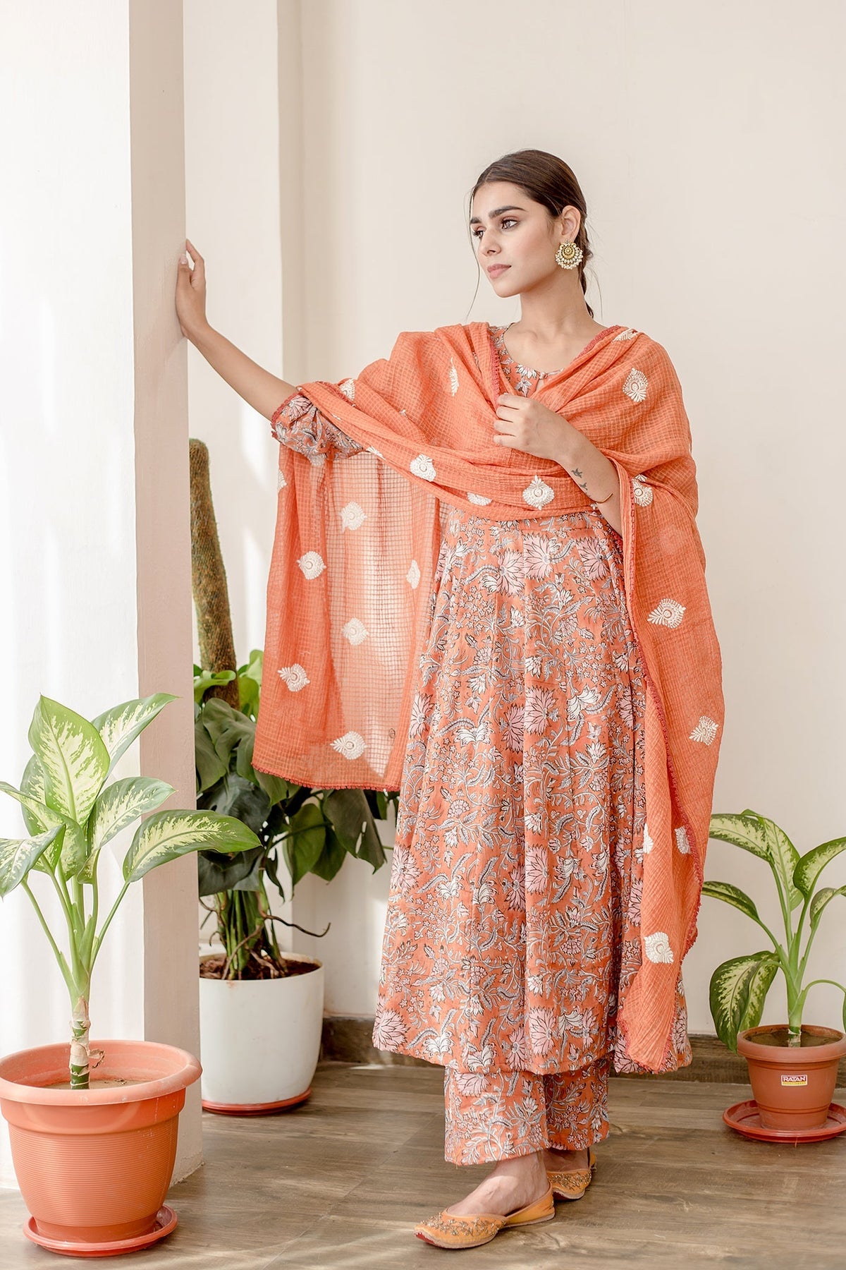 Orchid Orange Cotton Anarkali Set With Doriya Dupatta
