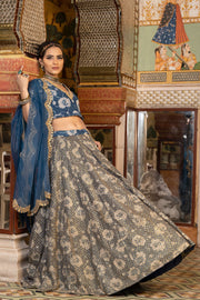 Golden Taari Cotton Block Print  Parveen Indigo Lehenga Set With Organza Dupatta 4