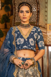 Golden Taari Cotton Block Print  Parveen Indigo Lehenga Set With Organza Dupatta 3