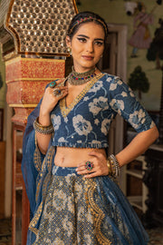 Golden Taari Cotton Block Print  Parveen Indigo Lehenga Set With Organza Dupatta 1