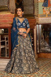 Golden Taari Cotton Block Print  Parveen Indigo Lehenga Set With Organza Dupatta 2