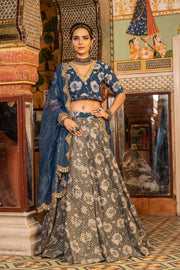 Golden Taari Cotton Block Print  Parveen Indigo Lehenga Set With Organza Dupatta 5