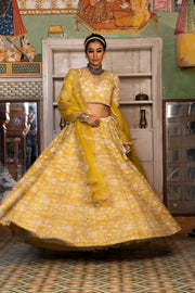 Golden Taari Cotton Block Print  Parveen Yellow Lehenga Set With Organza Dupatta 3