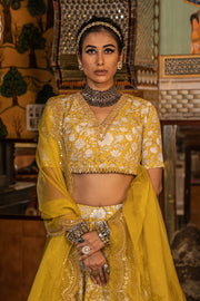 Golden Taari Cotton Block Print  Parveen Yellow Lehenga Set With Organza Dupatta 2