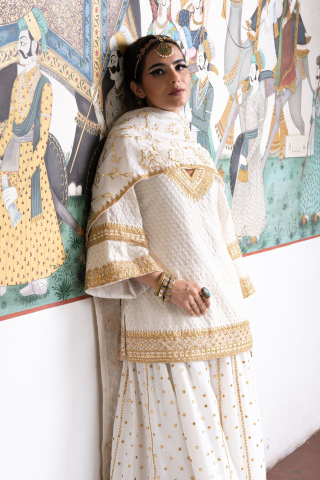 Gota Patti And Zari Detailing Poornima Cotton Kurta Sharara Set With Doriya Dupatta