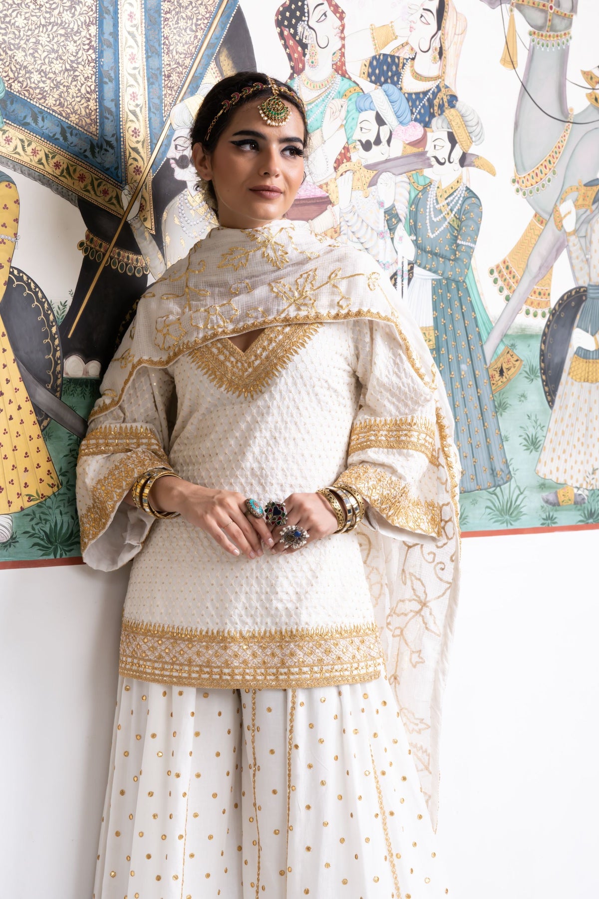Gota Patti And Zari Detailing Poornima Cotton Kurta Sharara Set With Doriya Dupatta