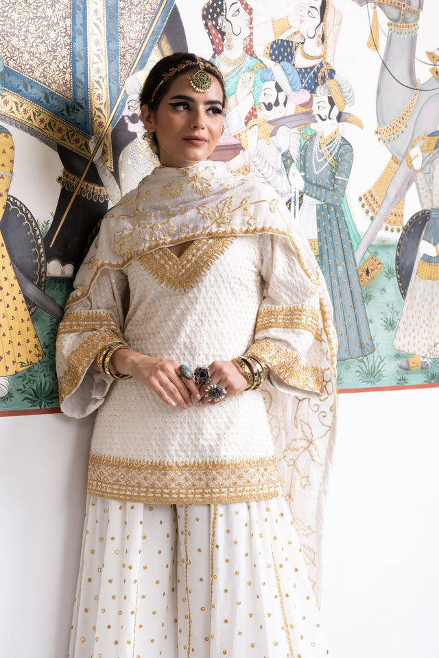 Gota Patti And Zari Detailing Poornima Cotton Kurta Sharara Set With Doriya Dupatta