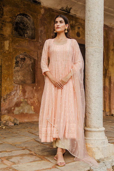 Peach Nisa Anarkali Set Gulabo Jaipur