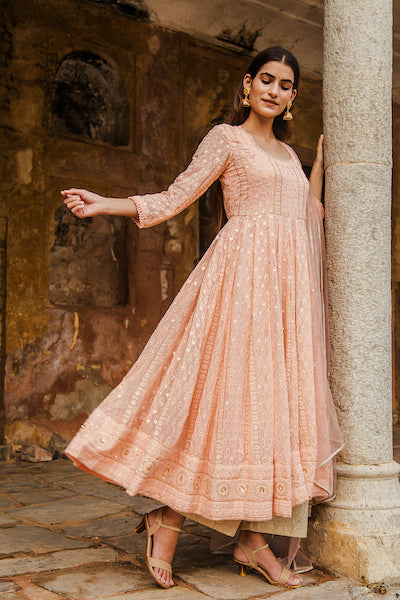 Peach Nisa Anarkali Set Gulabo Jaipur