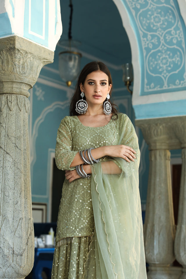 Raatrani Green Mirror Embroidered Kurta Sharara Set With Organza Dupatta