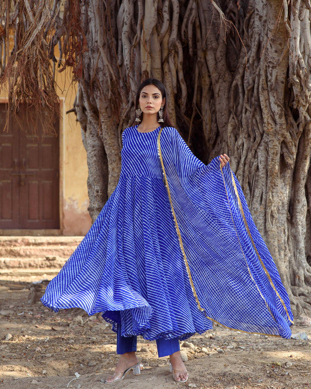 Georgette Rang Blue Leheriya Anarkali Set With Dupatta