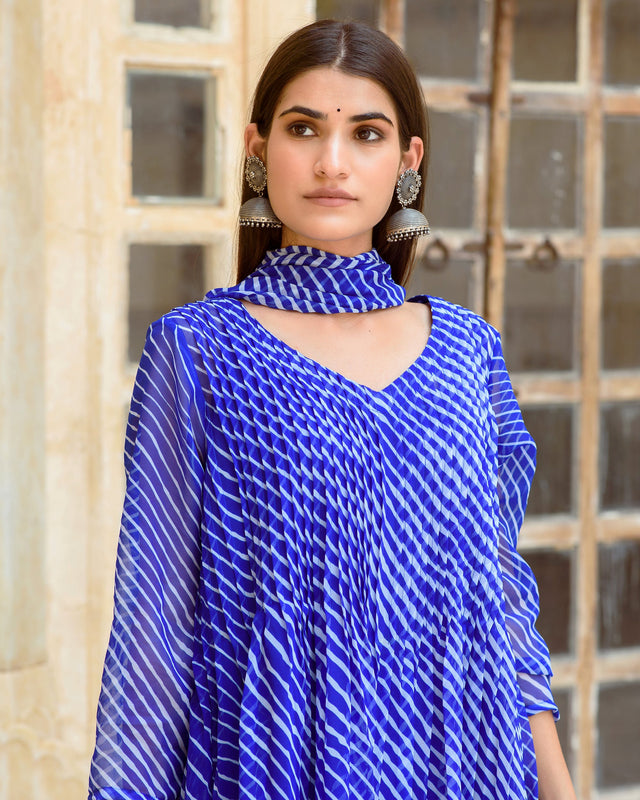 Georgette Rang Blue Leheriya Straight Kurta