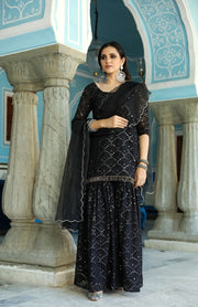 Rasna Bhasin In Mirror Embellished Raatrani Black Sharara Set With Organza Dupatta 6