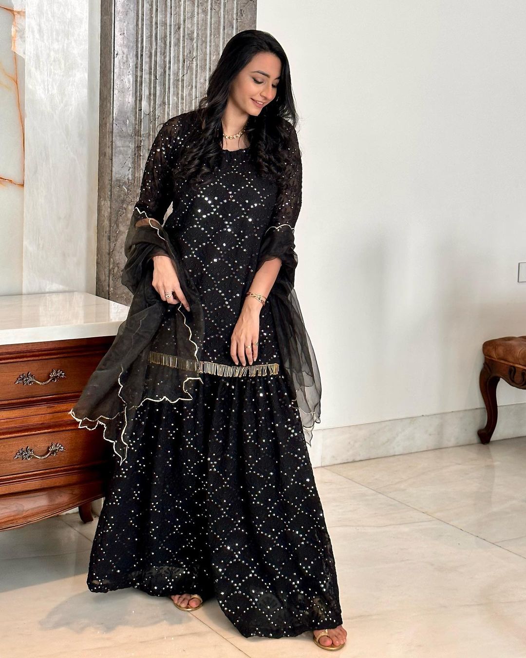 Rasna Bhasin In Mirror Embellished Raatrani Black Sharara Set With Organza Dupatta