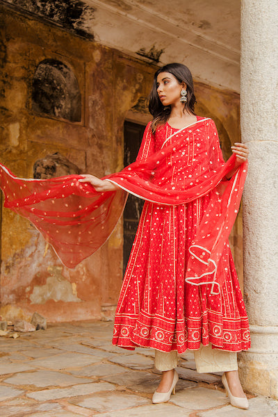 Red Nisa Anarkali set Gulabo Jaipur