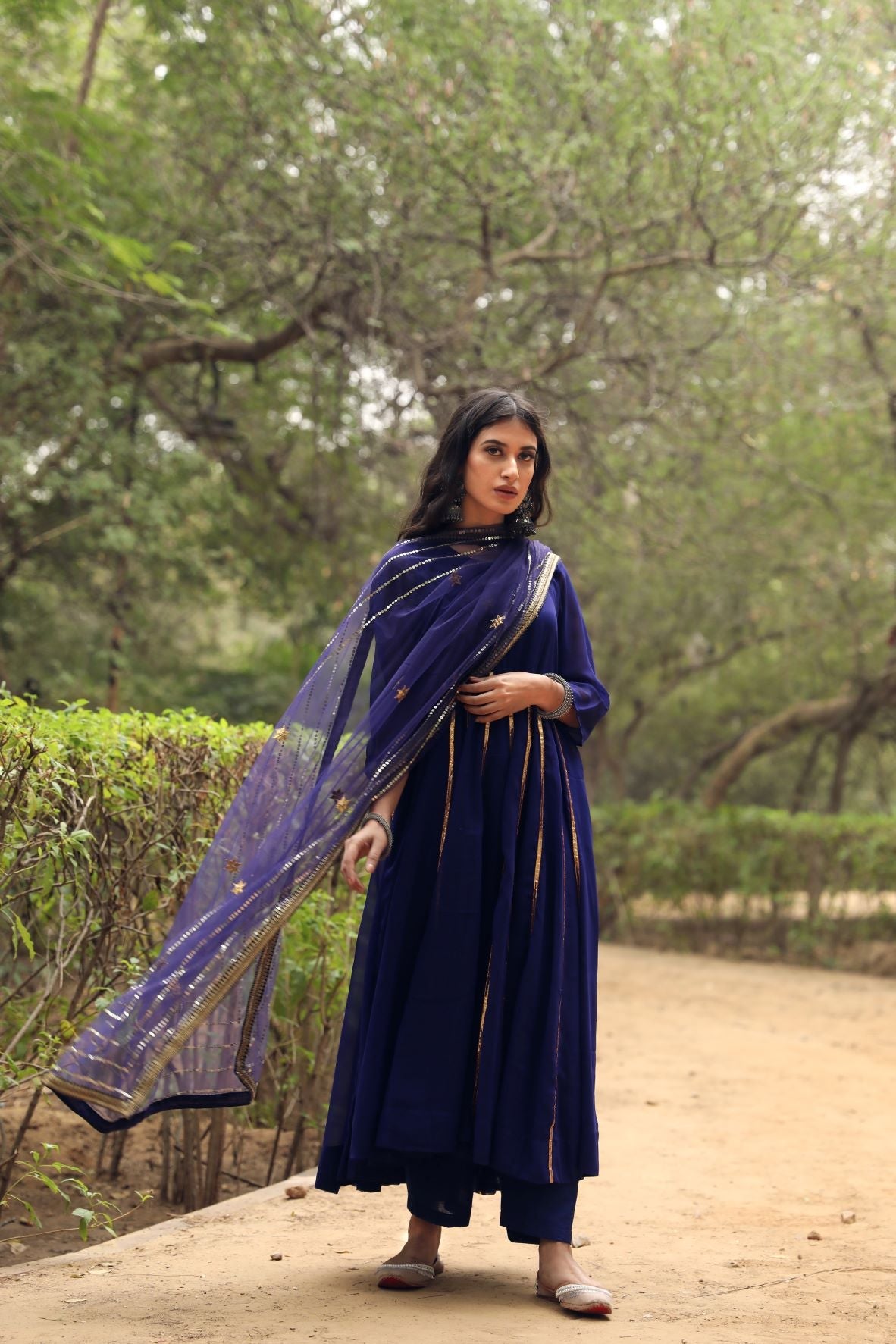 Resham Blue Georgette Anarkali Set With Dupatta