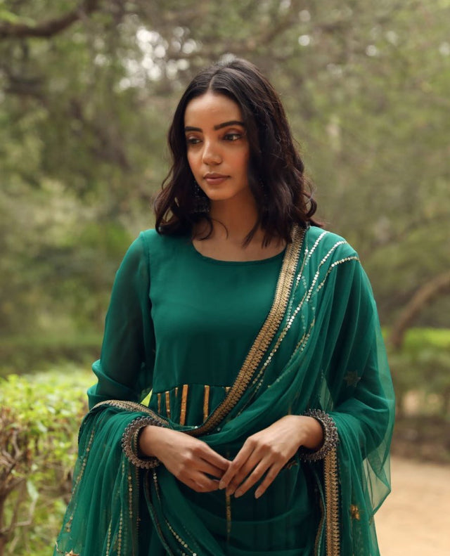 Resham Green Georgette Anarkali Set With Dupatta