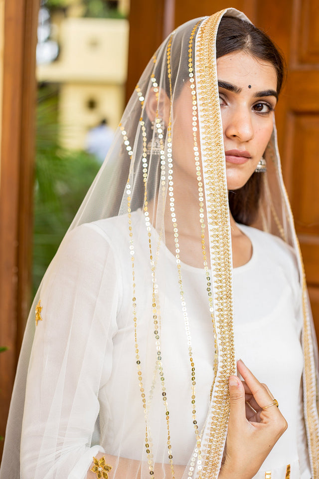 Resham Ivory Georgette Anarkali Set With Dupatta