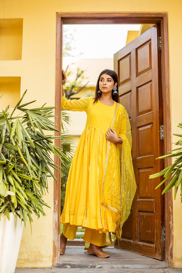 Resham Yellow Georgette Anarkali Set With Dupatta