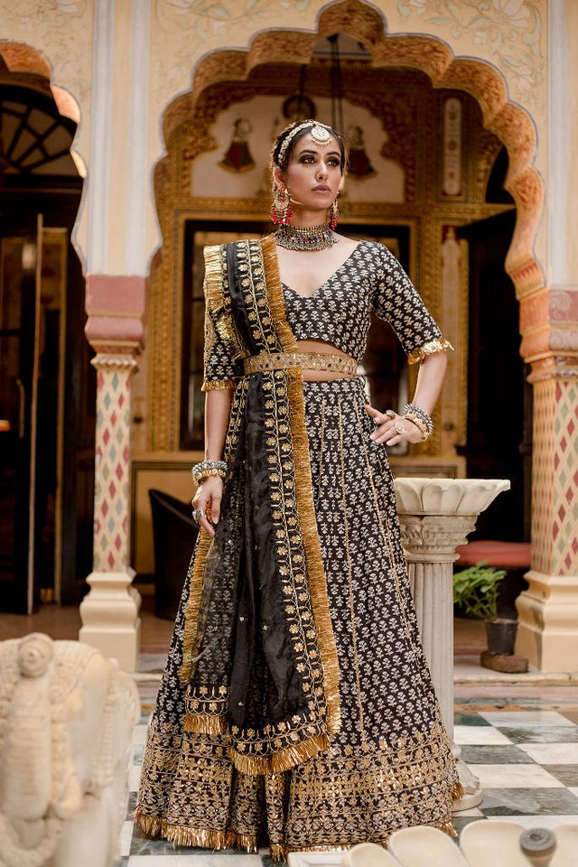 Block Print Gota Patti Detailing Shehzadi Black Lehenga Set With Organza Dupatta