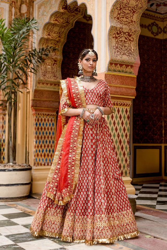Block Print Gota Patti Detailing Shehzadi Red Lehenga Set With Organza Dupatta