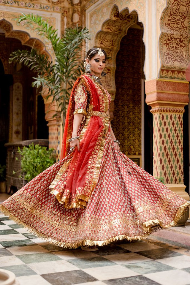 Block Print Gota Patti Detailing Shehzadi Red Lehenga Set With Organza Dupatta