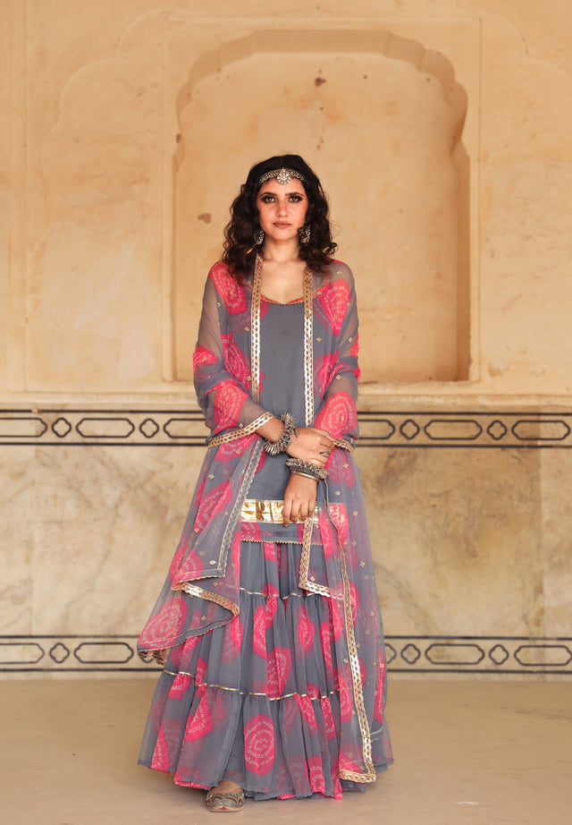 Sleeveless Georgette Shinaz Grey Sharara Set With Dupatta